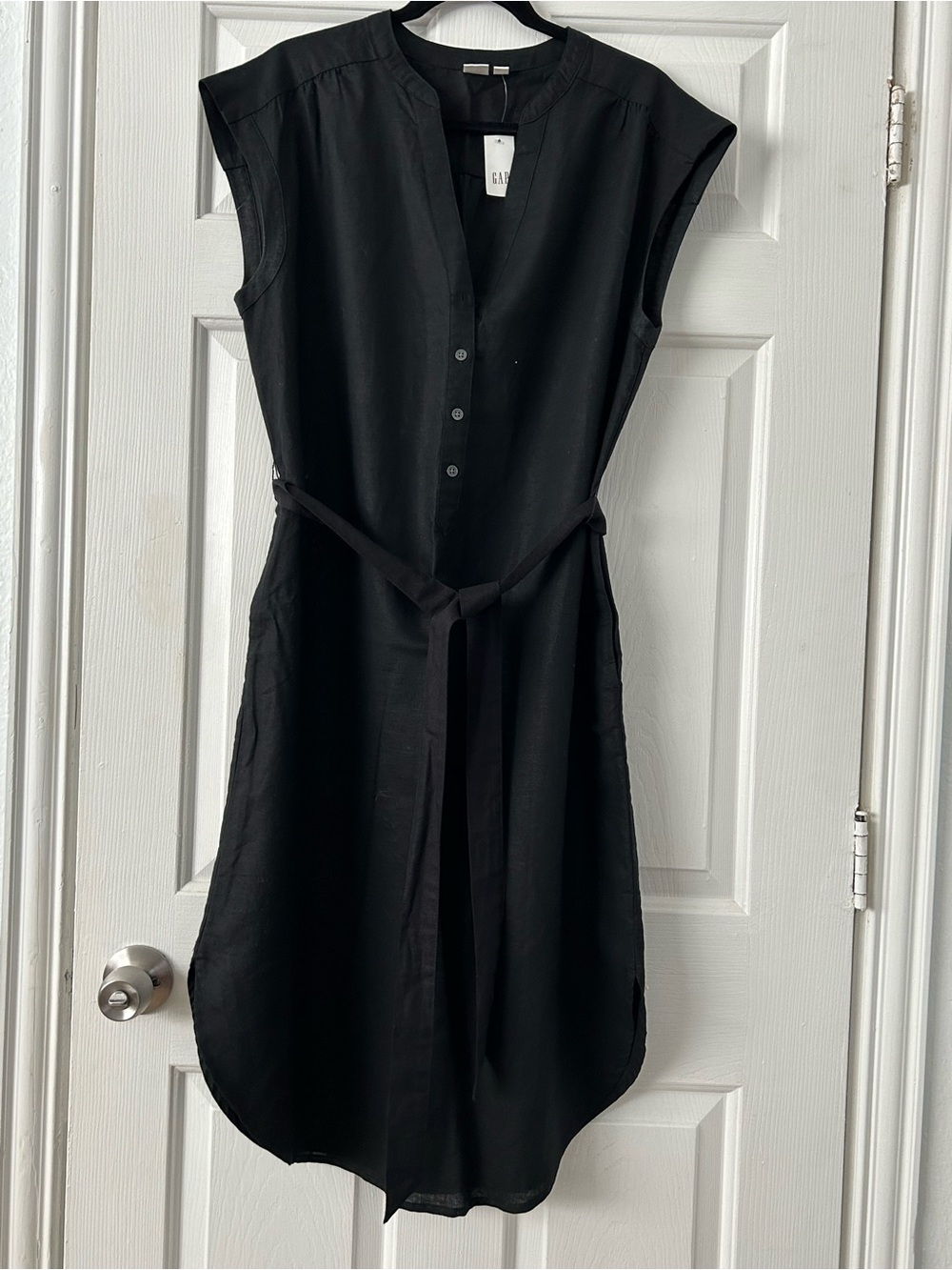 GAP Black Cap-Sleeve Midi Shirt Dress with Waist Tie